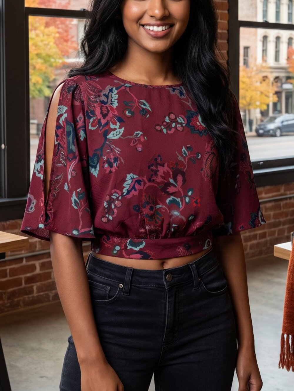Terranova Maroon Floral Cold Shoulder Split Sleeve Tie Back Crop Top - S